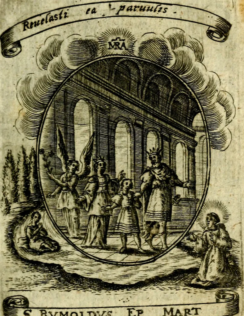 An illustration from Fasti Mariani cum illustrium diuorum imaginib. & elogijs prope DC. in singulos anni menses diésq SS. natales distributis, 1630, leaf 10