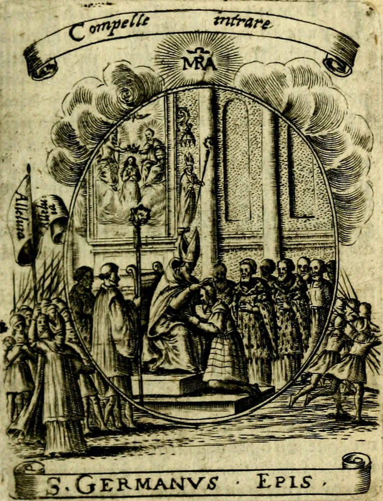 An illustration from Fasti Mariani cum illustrium diuorum imaginib. & elogijs prope DC. in singulos anni menses diésq SS. natales distributis, 1630, leaf 100