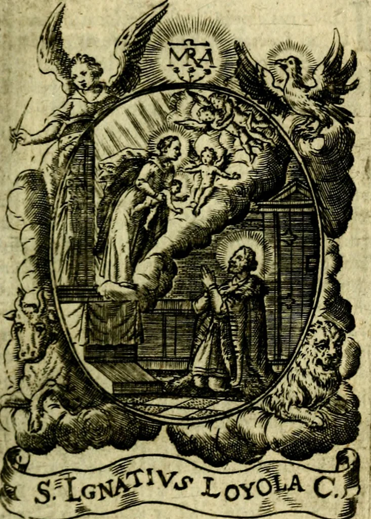 An illustration from Fasti Mariani cum illustrium diuorum imaginib. & elogijs prope DC. in singulos anni menses diésq SS. natales distributis, 1630, leaf 102