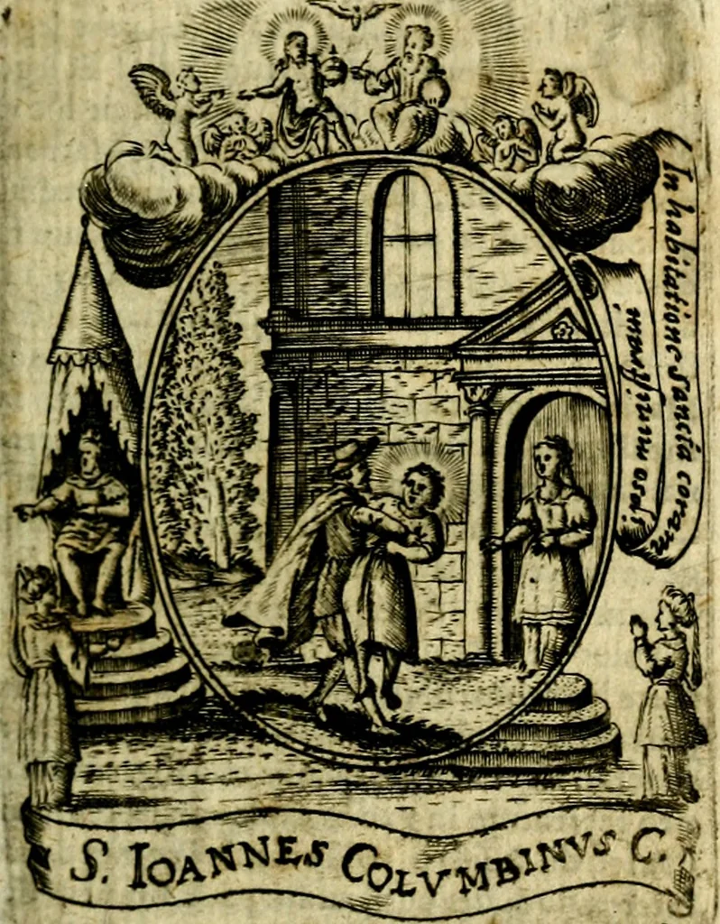 An illustration from Fasti Mariani cum illustrium diuorum imaginib. & elogijs prope DC. in singulos anni menses diésq SS. natales distributis, 1630, leaf 104