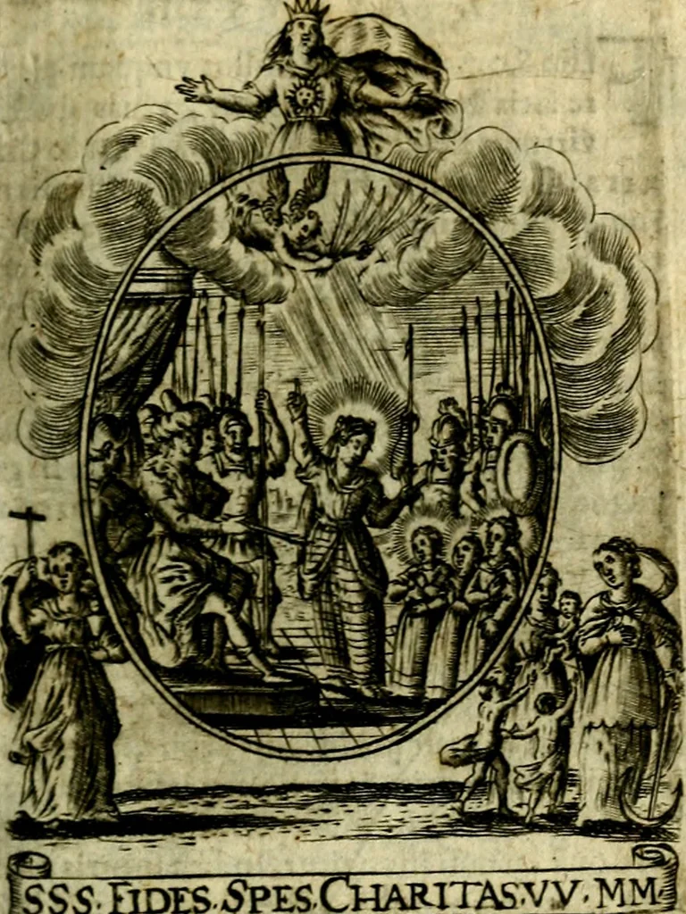 An illustration from Fasti Mariani cum illustrium diuorum imaginib. & elogijs prope DC. in singulos anni menses diésq SS. natales distributis, 1630, leaf 108