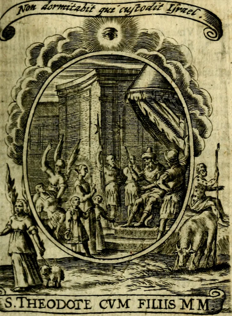 An illustration from Fasti Mariani cum illustrium diuorum imaginib. & elogijs prope DC. in singulos anni menses diésq SS. natales distributis, 1630, leaf 110
