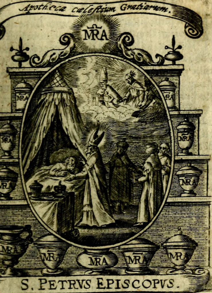 An illustration from Fasti Mariani cum illustrium diuorum imaginib. & elogijs prope DC. in singulos anni menses diésq SS. natales distributis, 1630, leaf 112