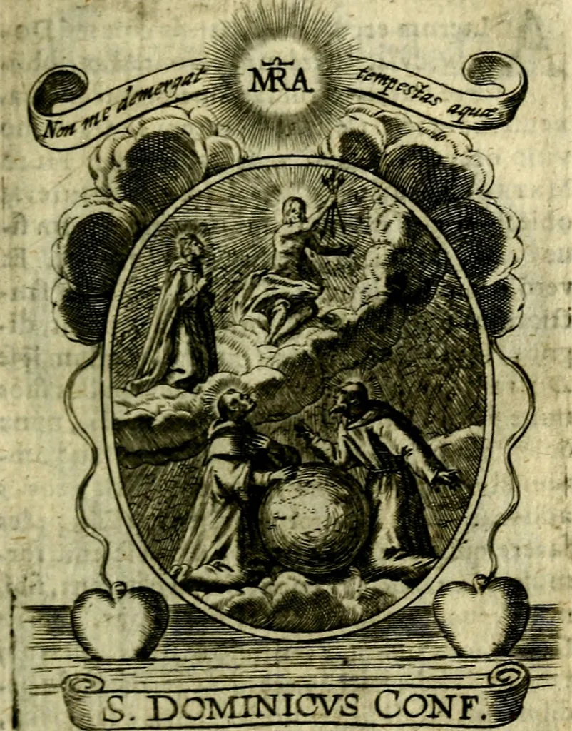 An illustration from Fasti Mariani cum illustrium diuorum imaginib. & elogijs prope DC. in singulos anni menses diésq SS. natales distributis, 1630, leaf 114