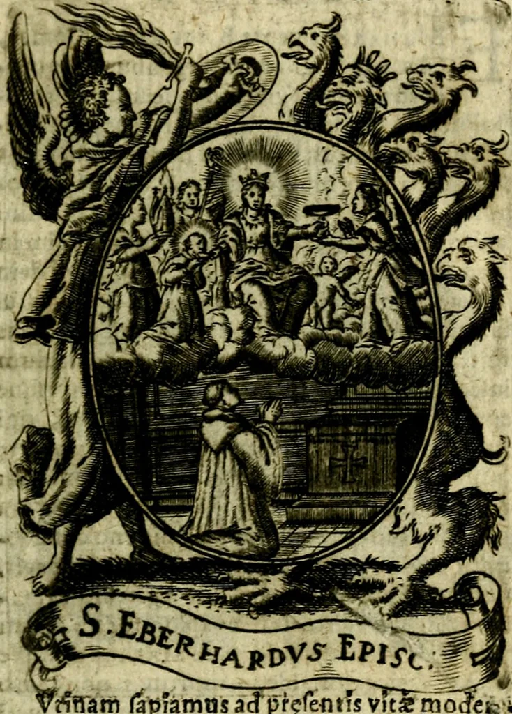 An illustration from Fasti Mariani cum illustrium diuorum imaginib. & elogijs prope DC. in singulos anni menses diésq SS. natales distributis, 1630, leaf 12