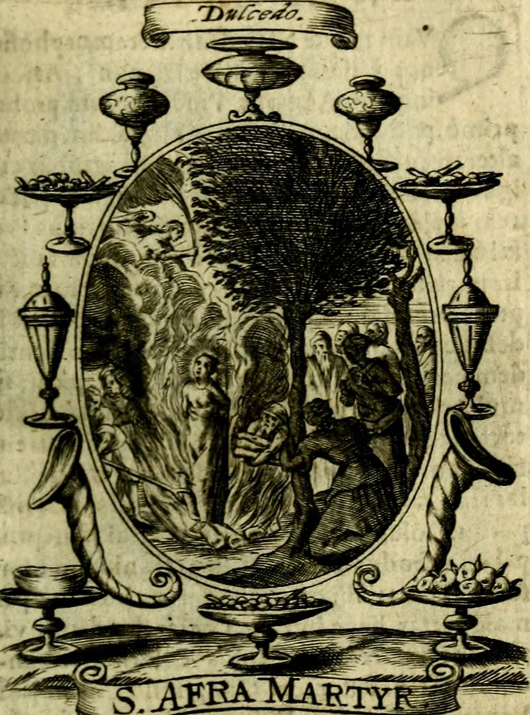 An illustration from Fasti Mariani cum illustrium diuorum imaginib. & elogijs prope DC. in singulos anni menses diésq SS. natales distributis, 1630, leaf 120