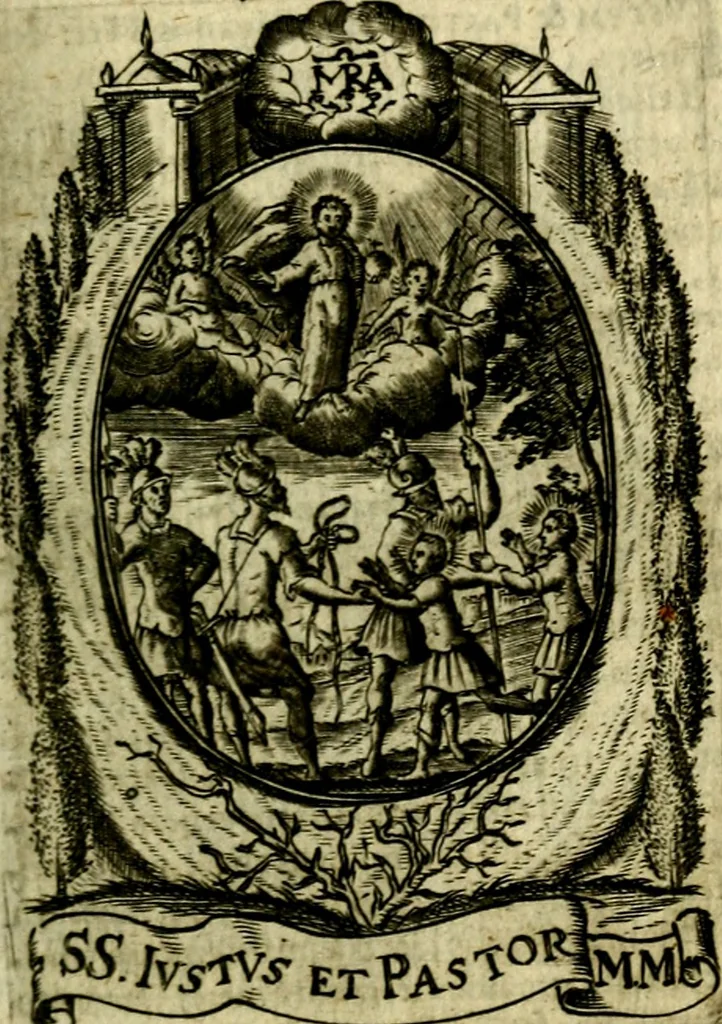 An illustration from Fasti Mariani cum illustrium diuorum imaginib. & elogijs prope DC. in singulos anni menses diésq SS. natales distributis, 1630, leaf 122