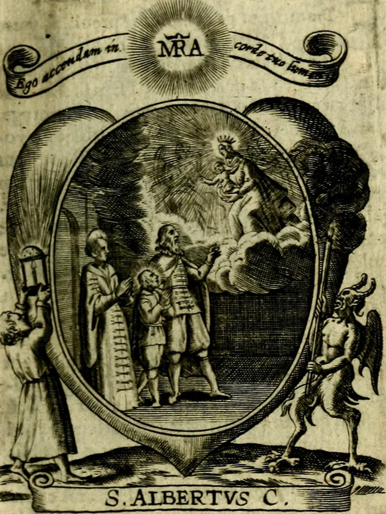 An illustration from Fasti Mariani cum illustrium diuorum imaginib. & elogijs prope DC. in singulos anni menses diésq SS. natales distributis, 1630, leaf 124