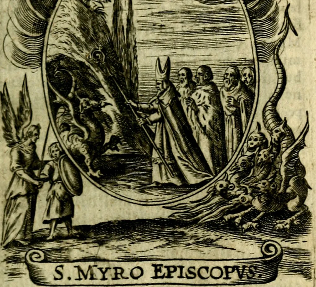 An illustration from Fasti Mariani cum illustrium diuorum imaginib. & elogijs prope DC. in singulos anni menses diésq SS. natales distributis, 1630, leaf 126