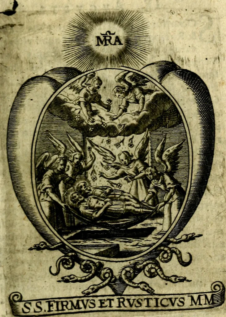 An illustration from Fasti Mariani cum illustrium diuorum imaginib. & elogijs prope DC. in singulos anni menses diésq SS. natales distributis, 1630, leaf 128