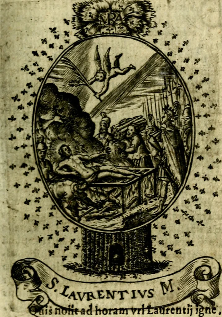 An illustration from Fasti Mariani cum illustrium diuorum imaginib. & elogijs prope DC. in singulos anni menses diésq SS. natales distributis, 1630, leaf 130