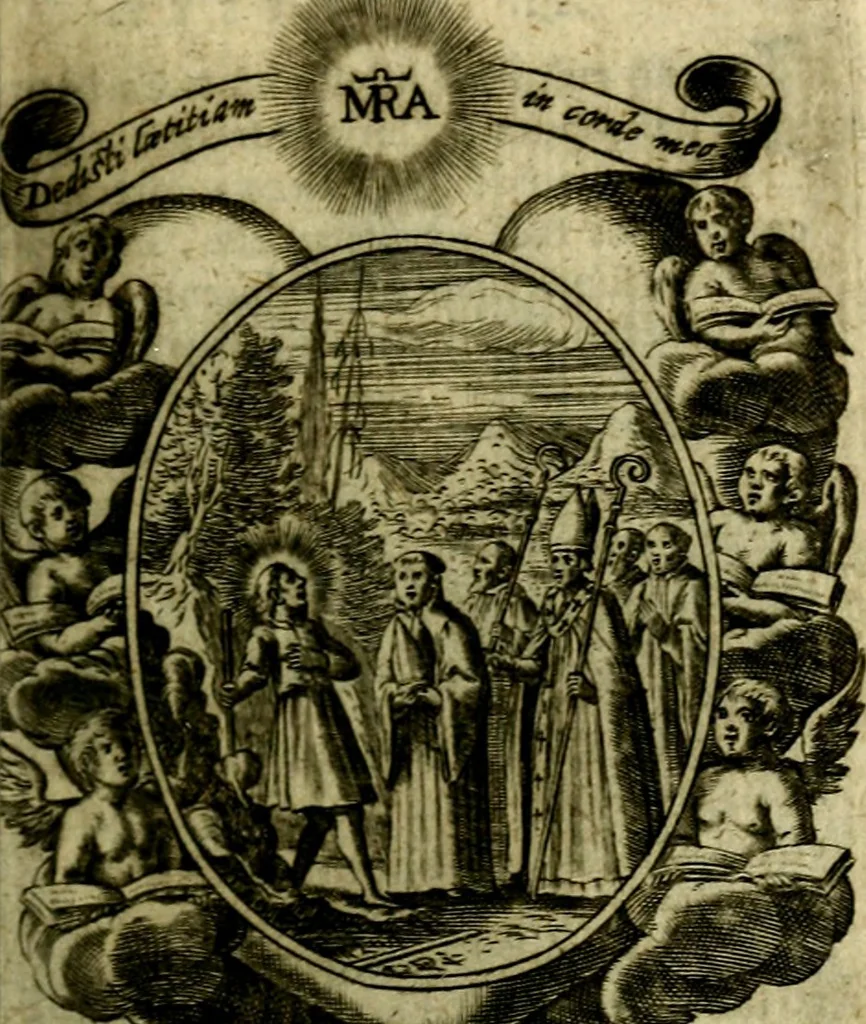 An illustration from Fasti Mariani cum illustrium diuorum imaginib. & elogijs prope DC. in singulos anni menses diésq SS. natales distributis, 1630, leaf 132