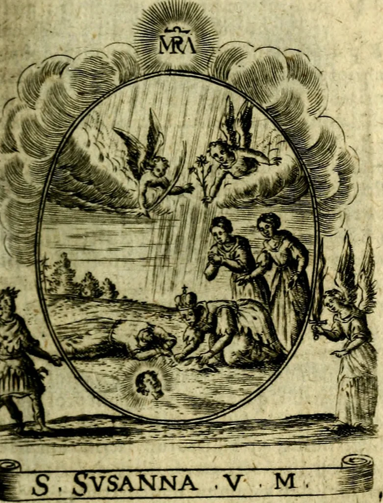 An illustration from Fasti Mariani cum illustrium diuorum imaginib. & elogijs prope DC. in singulos anni menses diésq SS. natales distributis, 1630, leaf 134
