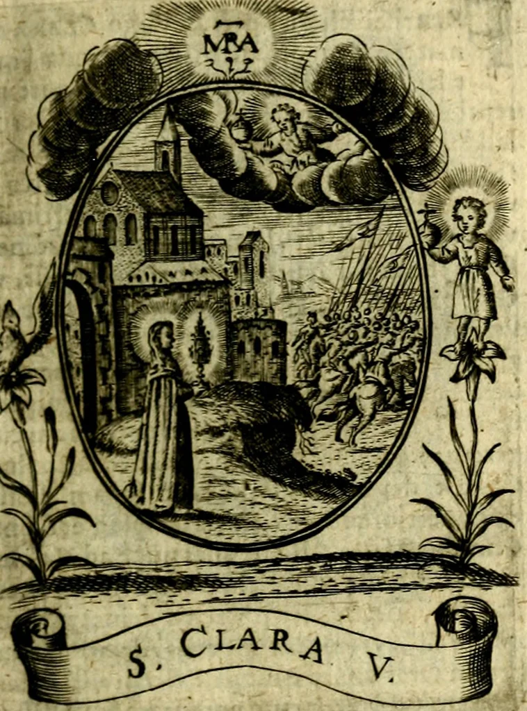 An illustration from Fasti Mariani cum illustrium diuorum imaginib. & elogijs prope DC. in singulos anni menses diésq SS. natales distributis, 1630, leaf 136