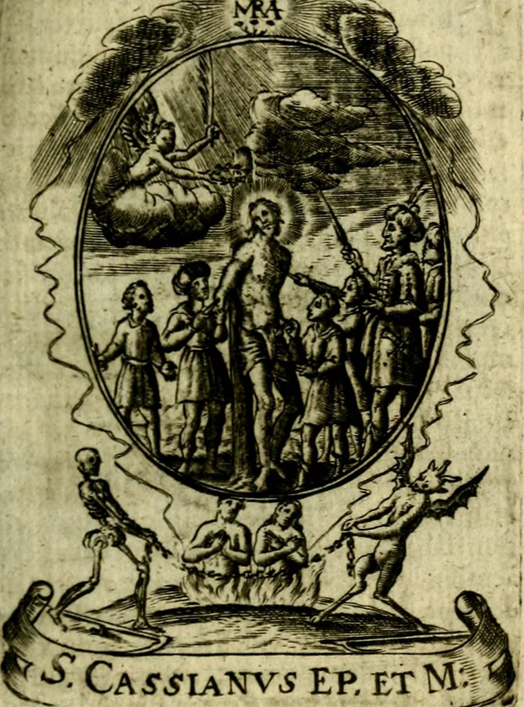 An illustration from Fasti Mariani cum illustrium diuorum imaginib. & elogijs prope DC. in singulos anni menses diésq SS. natales distributis, 1630, leaf 138
