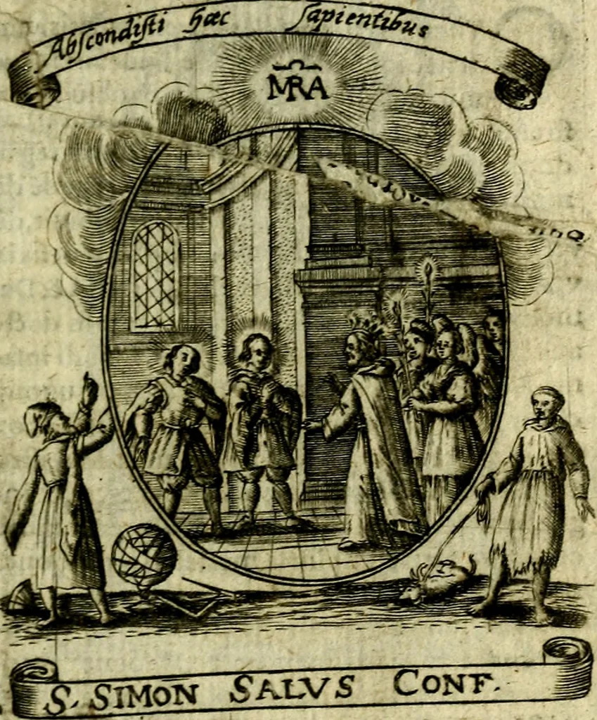 An illustration from Fasti Mariani cum illustrium diuorum imaginib. & elogijs prope DC. in singulos anni menses diésq SS. natales distributis, 1630, leaf 14