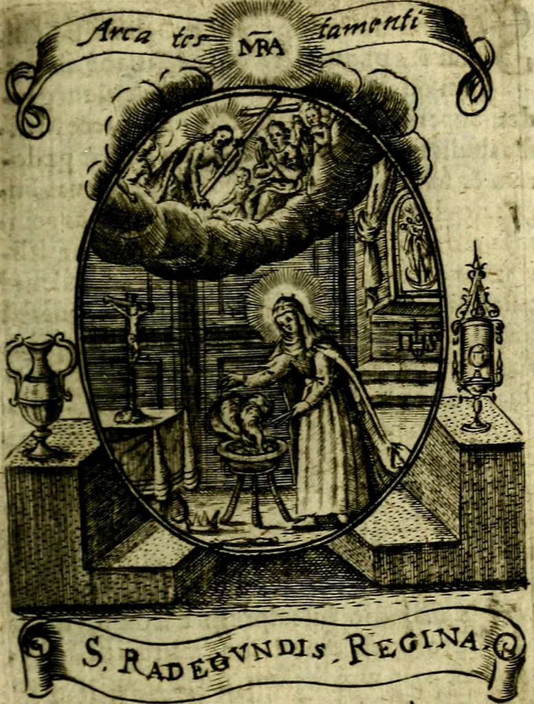 An illustration from Fasti Mariani cum illustrium diuorum imaginib. & elogijs prope DC. in singulos anni menses diésq SS. natales distributis, 1630, leaf 140