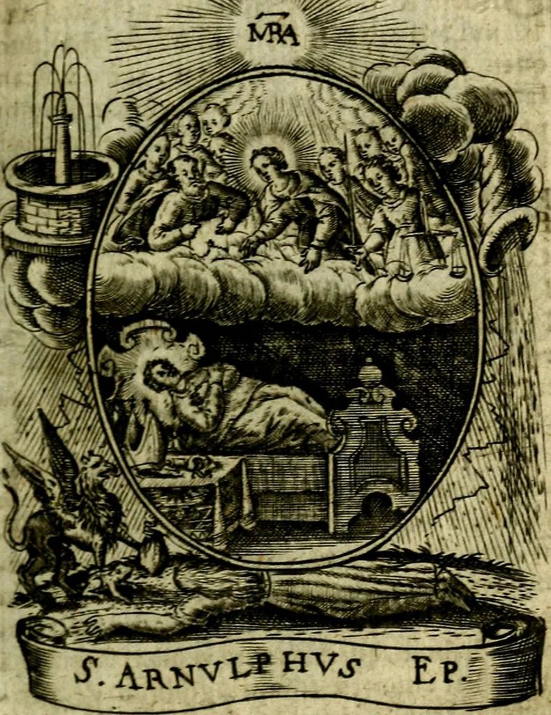 An illustration from Fasti Mariani cum illustrium diuorum imaginib. & elogijs prope DC. in singulos anni menses diésq SS. natales distributis, 1630, leaf 146