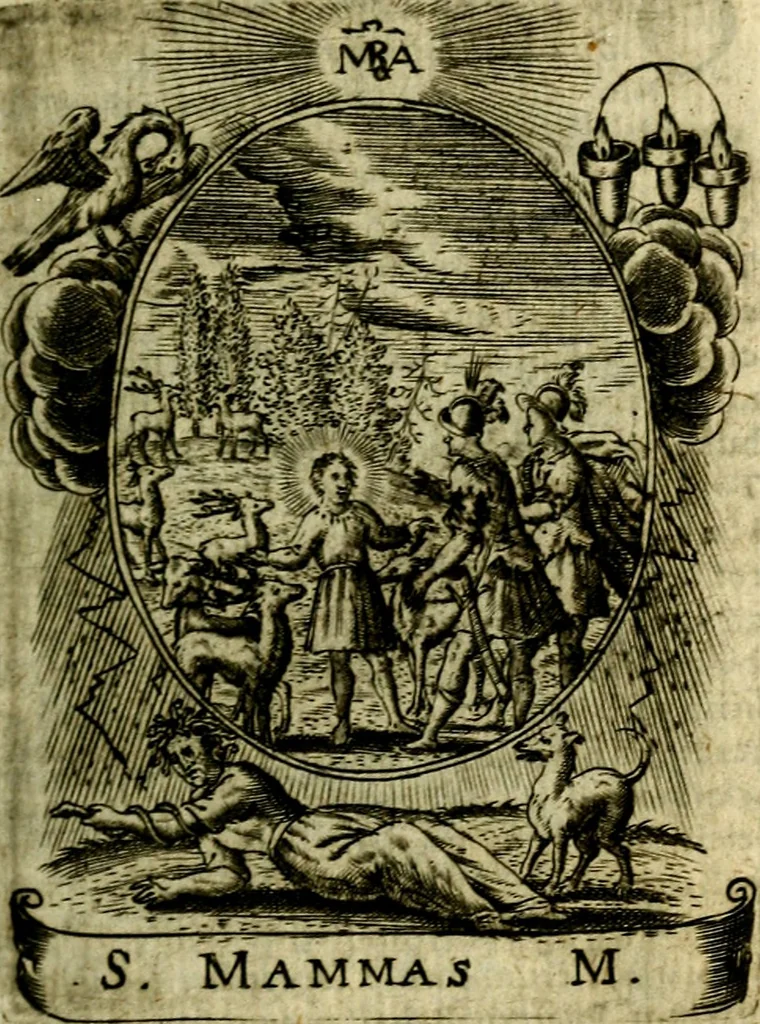 An illustration from Fasti Mariani cum illustrium diuorum imaginib. & elogijs prope DC. in singulos anni menses diésq SS. natales distributis, 1630, leaf 150