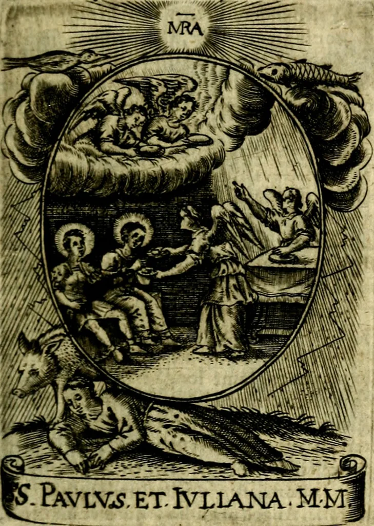 An illustration from Fasti Mariani cum illustrium diuorum imaginib. & elogijs prope DC. in singulos anni menses diésq SS. natales distributis, 1630, leaf 152
