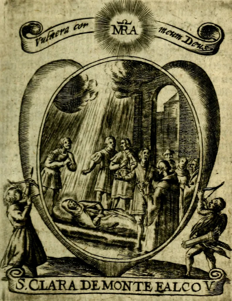 An illustration from Fasti Mariani cum illustrium diuorum imaginib. & elogijs prope DC. in singulos anni menses diésq SS. natales distributis, 1630, leaf 154