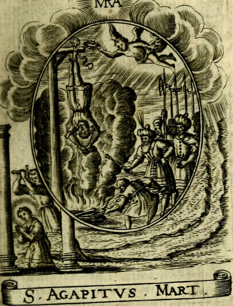 An illustration from Fasti Mariani cum illustrium diuorum imaginib. & elogijs prope DC. in singulos anni menses diésq SS. natales distributis, 1630, leaf 156