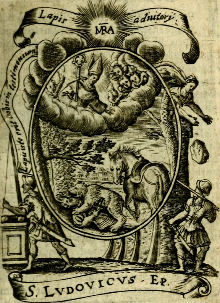 An illustration from Fasti Mariani cum illustrium diuorum imaginib. & elogijs prope DC. in singulos anni menses diésq SS. natales distributis, 1630, leaf 158