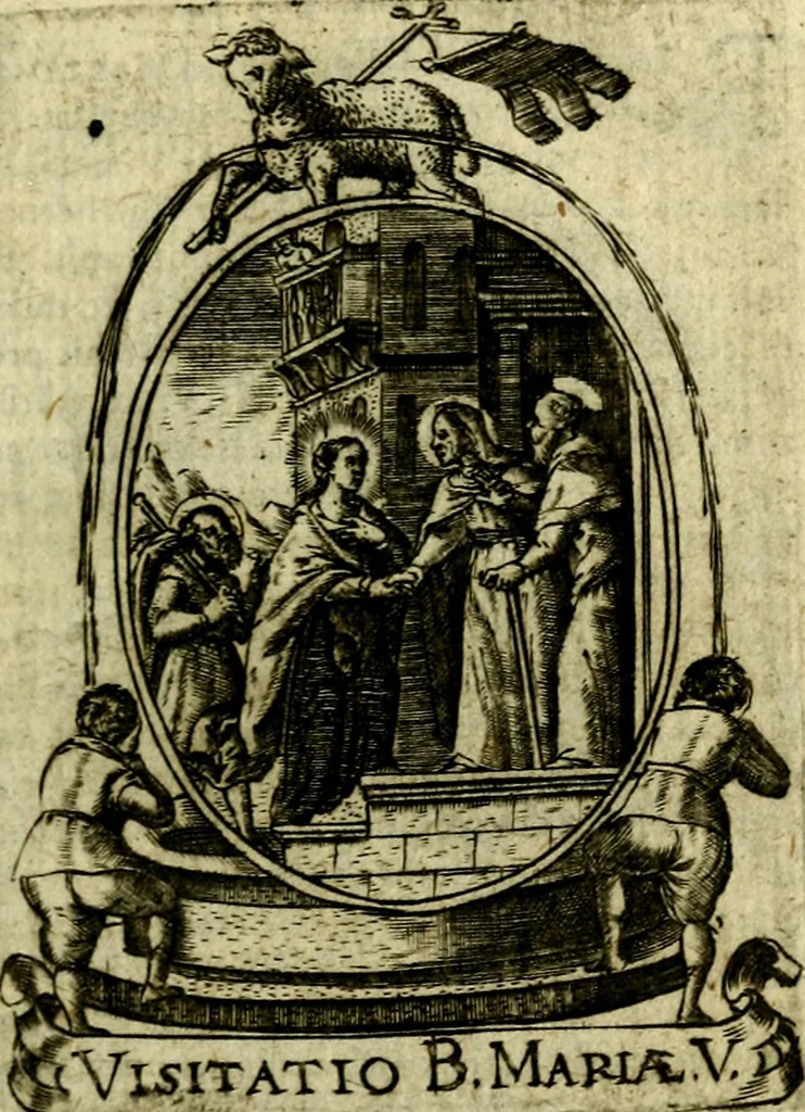 An illustration from Fasti Mariani cum illustrium diuorum imaginib. & elogijs prope DC. in singulos anni menses diésq SS. natales distributis, 1630, leaf 16