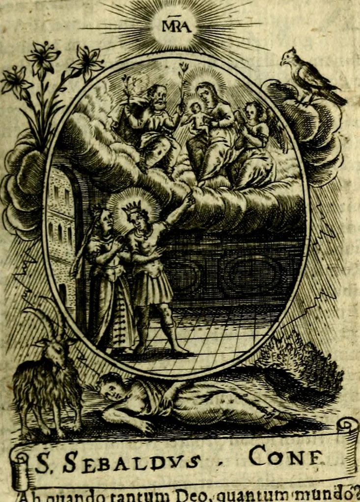 An illustration from Fasti Mariani cum illustrium diuorum imaginib. & elogijs prope DC. in singulos anni menses diésq SS. natales distributis, 1630, leaf 160