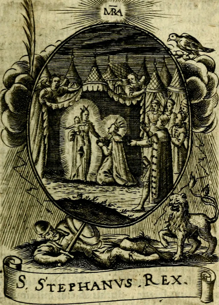An illustration from Fasti Mariani cum illustrium diuorum imaginib. & elogijs prope DC. in singulos anni menses diésq SS. natales distributis, 1630, leaf 164