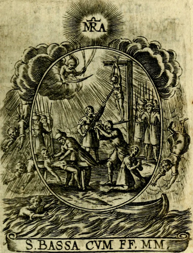 An illustration from Fasti Mariani cum illustrium diuorum imaginib. & elogijs prope DC. in singulos anni menses diésq SS. natales distributis, 1630, leaf 166