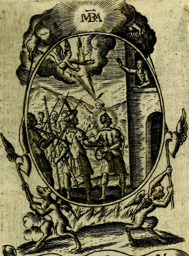 An illustration from Fasti Mariani cum illustrium diuorum imaginib. & elogijs prope DC. in singulos anni menses diésq SS. natales distributis, 1630, leaf 168