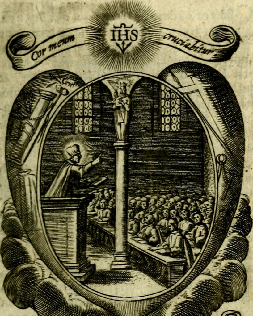 An illustration from Fasti Mariani cum illustrium diuorum imaginib. & elogijs prope DC. in singulos anni menses diésq SS. natales distributis, 1630, leaf 170