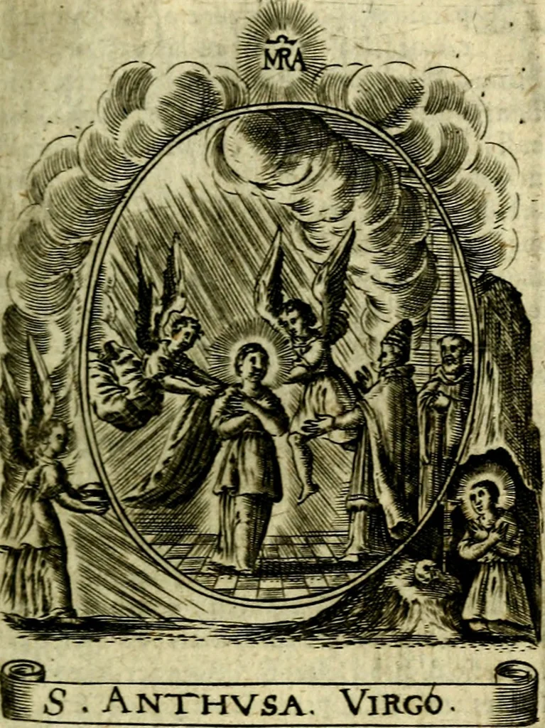 An illustration from Fasti Mariani cum illustrium diuorum imaginib. & elogijs prope DC. in singulos anni menses diésq SS. natales distributis, 1630, leaf 172