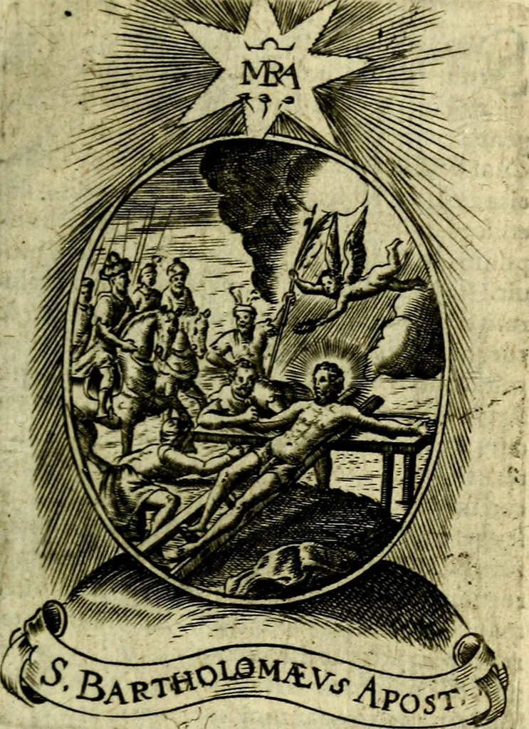 An illustration from Fasti Mariani cum illustrium diuorum imaginib. & elogijs prope DC. in singulos anni menses diésq SS. natales distributis, 1630, leaf 178