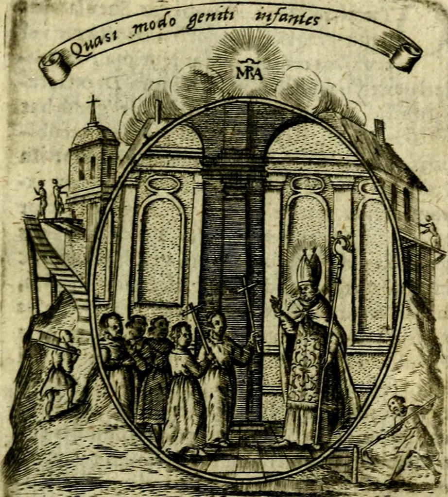 An illustration from Fasti Mariani cum illustrium diuorum imaginib. & elogijs prope DC. in singulos anni menses diésq SS. natales distributis, 1630, leaf 18
