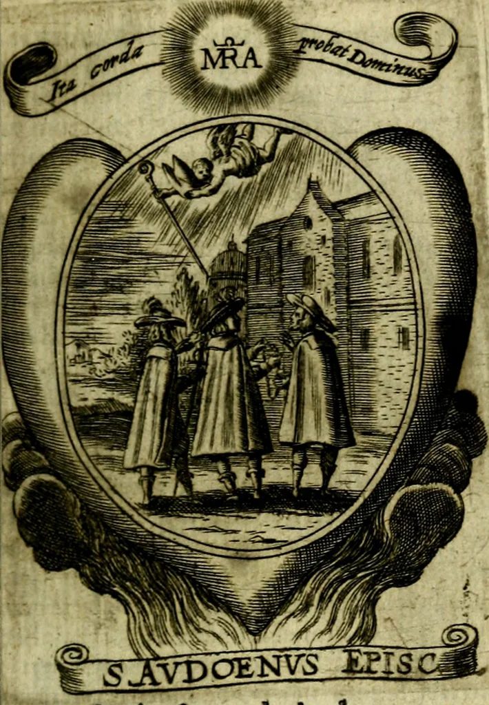 An illustration from Fasti Mariani cum illustrium diuorum imaginib. & elogijs prope DC. in singulos anni menses diésq SS. natales distributis, 1630, leaf 180