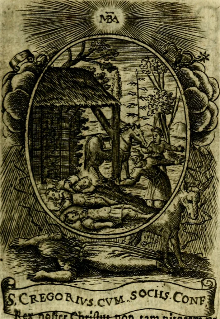 An illustration from Fasti Mariani cum illustrium diuorum imaginib. & elogijs prope DC. in singulos anni menses diésq SS. natales distributis, 1630, leaf 182