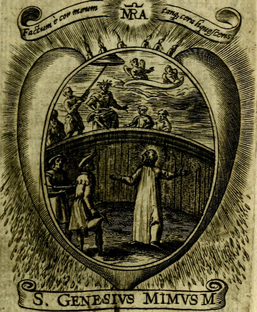 An illustration from Fasti Mariani cum illustrium diuorum imaginib. & elogijs prope DC. in singulos anni menses diésq SS. natales distributis, 1630, leaf 184