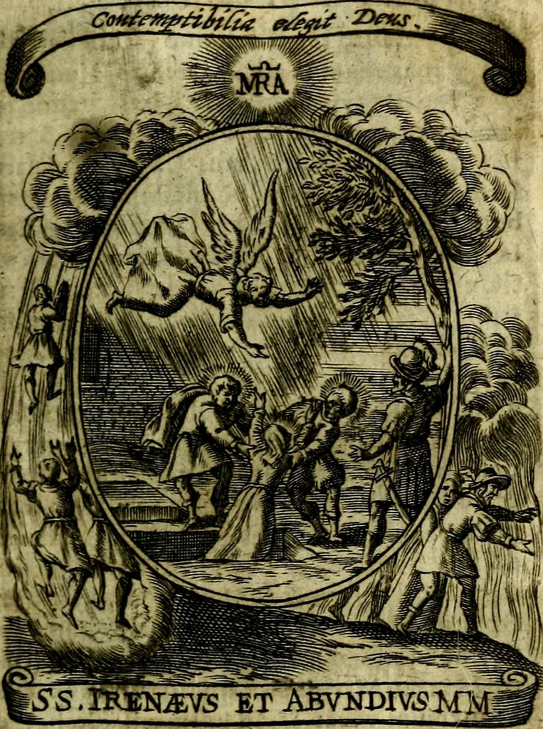 An illustration from Fasti Mariani cum illustrium diuorum imaginib. & elogijs prope DC. in singulos anni menses diésq SS. natales distributis, 1630, leaf 188