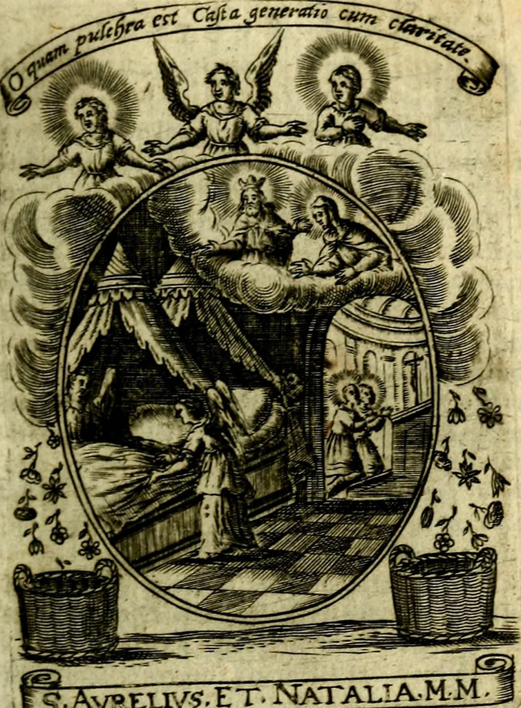 An illustration from Fasti Mariani cum illustrium diuorum imaginib. & elogijs prope DC. in singulos anni menses diésq SS. natales distributis, 1630, leaf 190