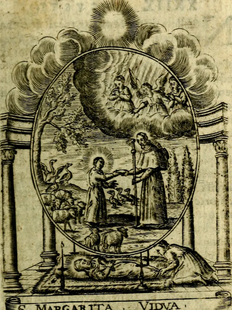 An illustration from Fasti Mariani cum illustrium diuorum imaginib. & elogijs prope DC. in singulos anni menses diésq SS. natales distributis, 1630, leaf 194