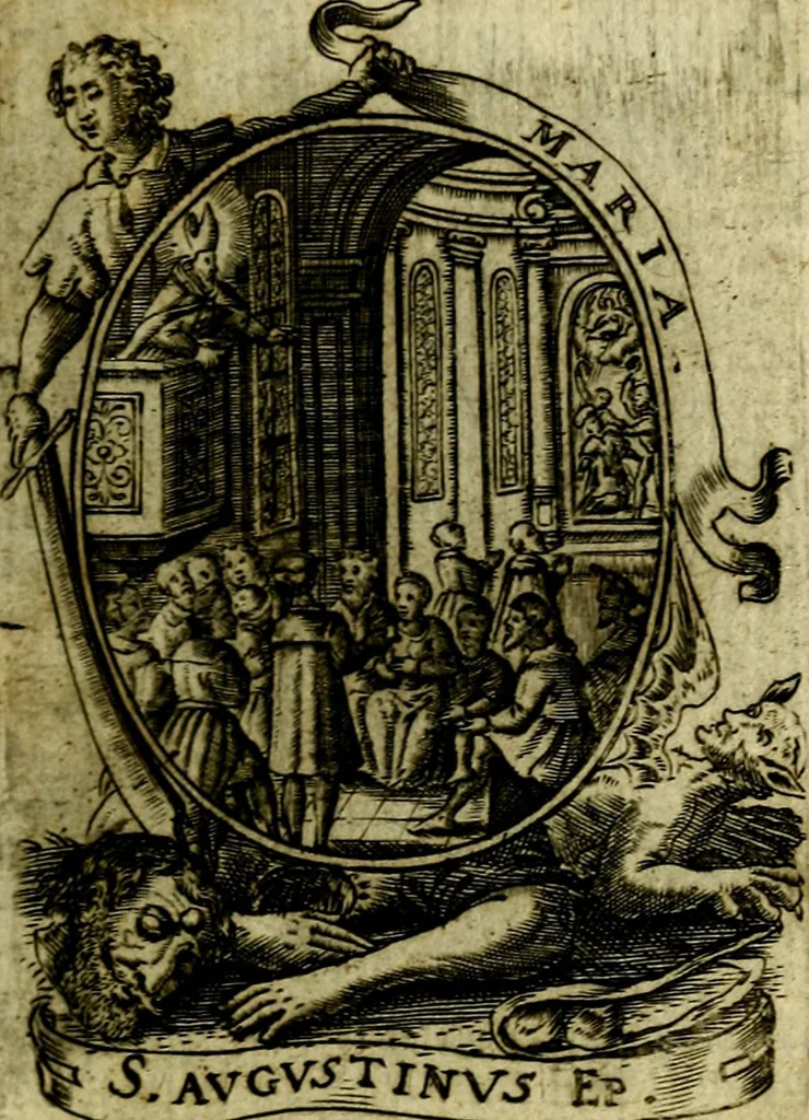 An illustration from Fasti Mariani cum illustrium diuorum imaginib. & elogijs prope DC. in singulos anni menses diésq SS. natales distributis, 1630, leaf 196