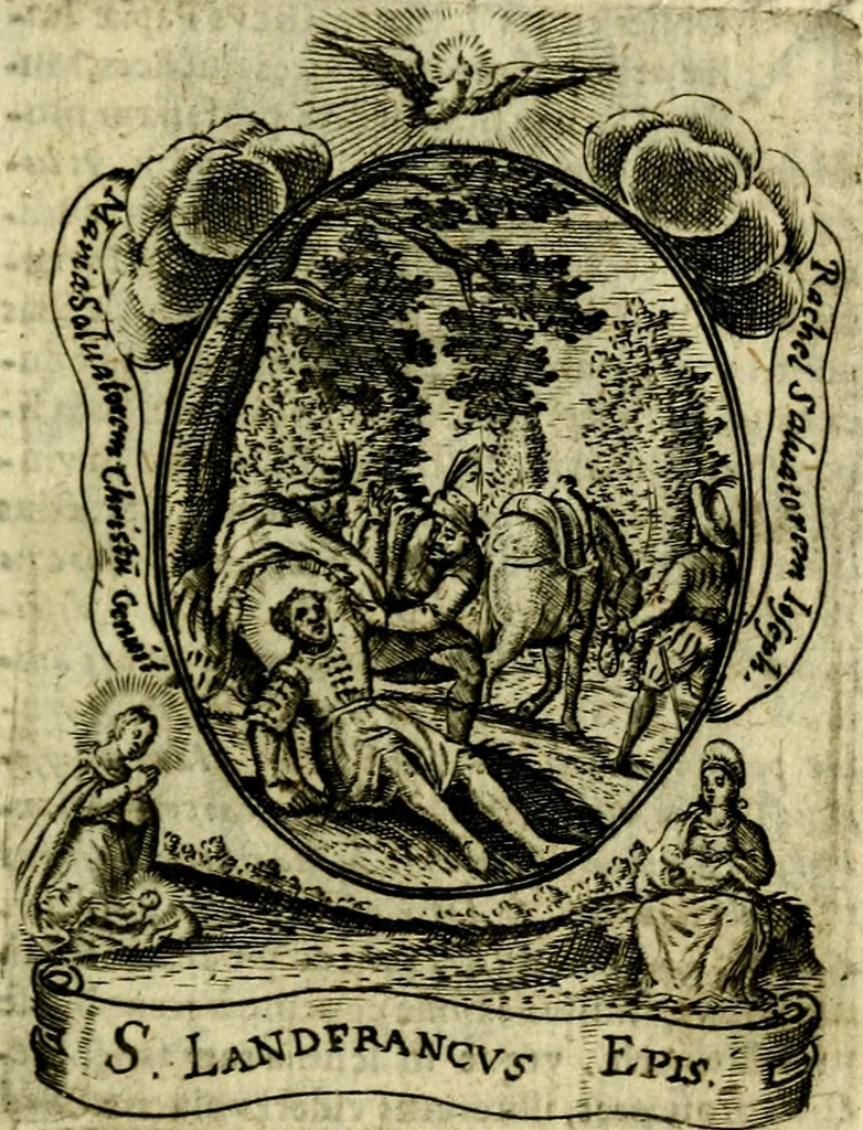 An illustration from Fasti Mariani cum illustrium diuorum imaginib. & elogijs prope DC. in singulos anni menses diésq SS. natales distributis, 1630, leaf 20