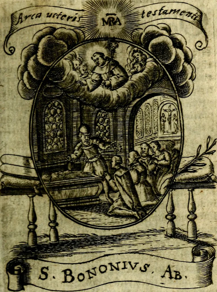 An illustration from Fasti Mariani cum illustrium diuorum imaginib. & elogijs prope DC. in singulos anni menses diésq SS. natales distributis, 1630, leaf 200