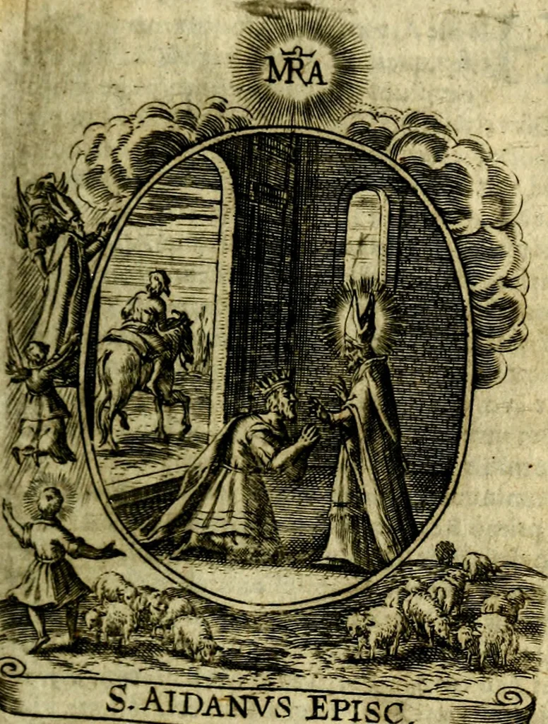An illustration from Fasti Mariani cum illustrium diuorum imaginib. & elogijs prope DC. in singulos anni menses diésq SS. natales distributis, 1630, leaf 202