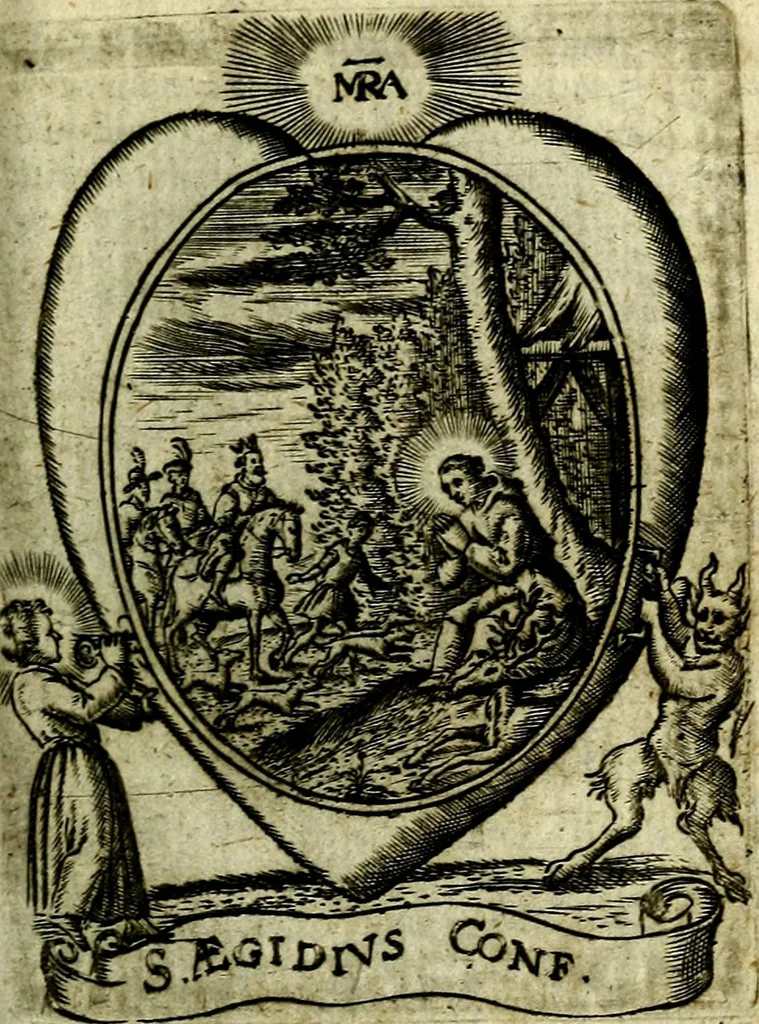 An illustration from Fasti Mariani cum illustrium diuorum imaginib. & elogijs prope DC. in singulos anni menses diésq SS. natales distributis, 1630, leaf 206