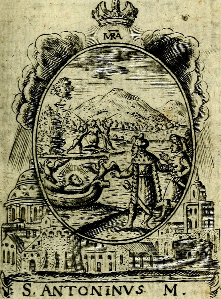 An illustration from Fasti Mariani cum illustrium diuorum imaginib. & elogijs prope DC. in singulos anni menses diésq SS. natales distributis, 1630, leaf 208