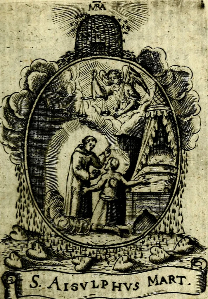 An illustration from Fasti Mariani cum illustrium diuorum imaginib. & elogijs prope DC. in singulos anni menses diésq SS. natales distributis, 1630, leaf 210