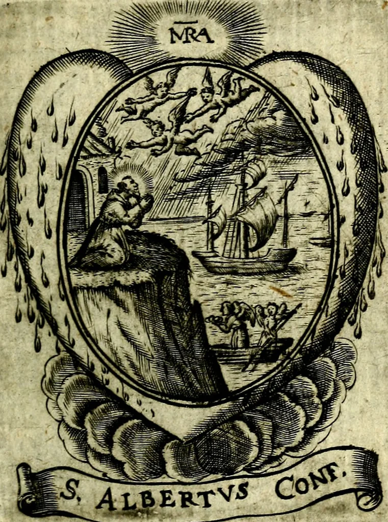 An illustration from Fasti Mariani cum illustrium diuorum imaginib. & elogijs prope DC. in singulos anni menses diésq SS. natales distributis, 1630, leaf 212